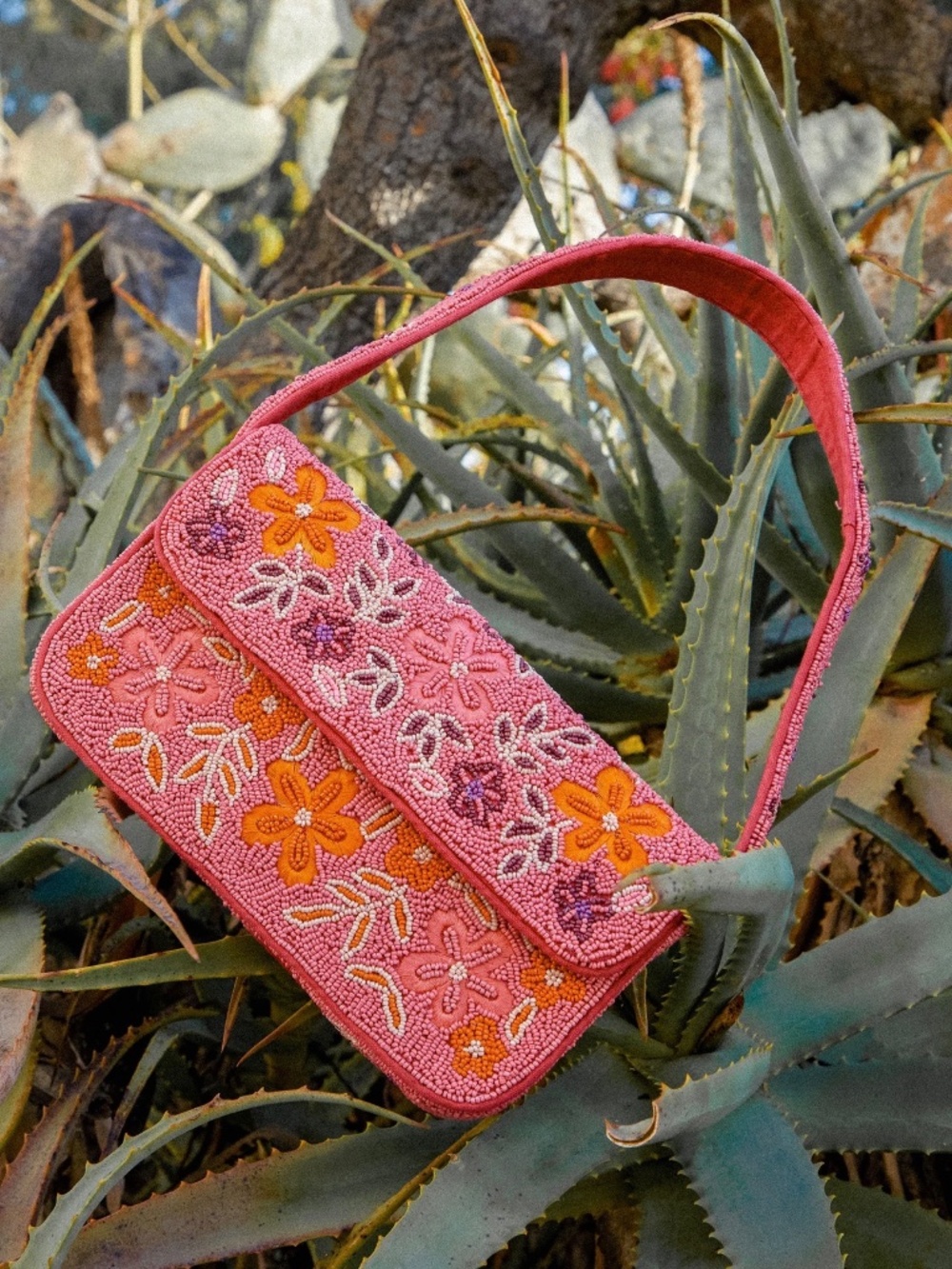 Lulus Bold Accent Hot Pink Multi Beaded Floral Shoulder Bag - Picture 2 of 5